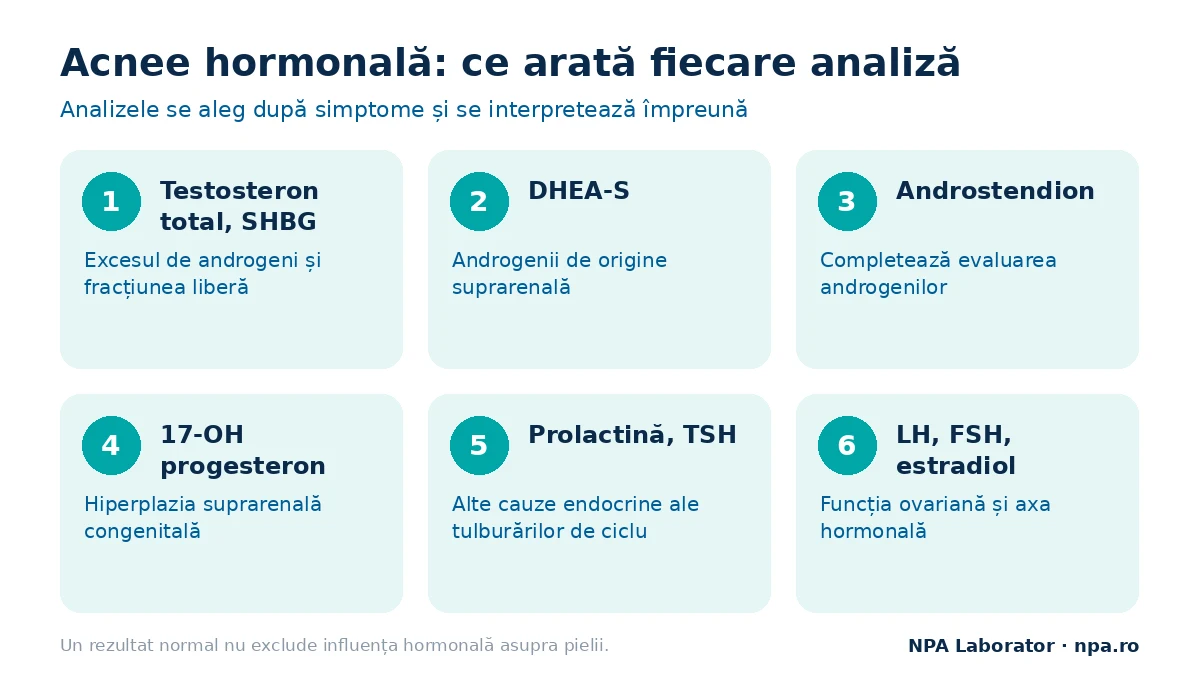 Acnee hormonală: ce arată analizele testosteron, SHBG, DHEA-S, 17-OH progesteron, prolactină și TSH