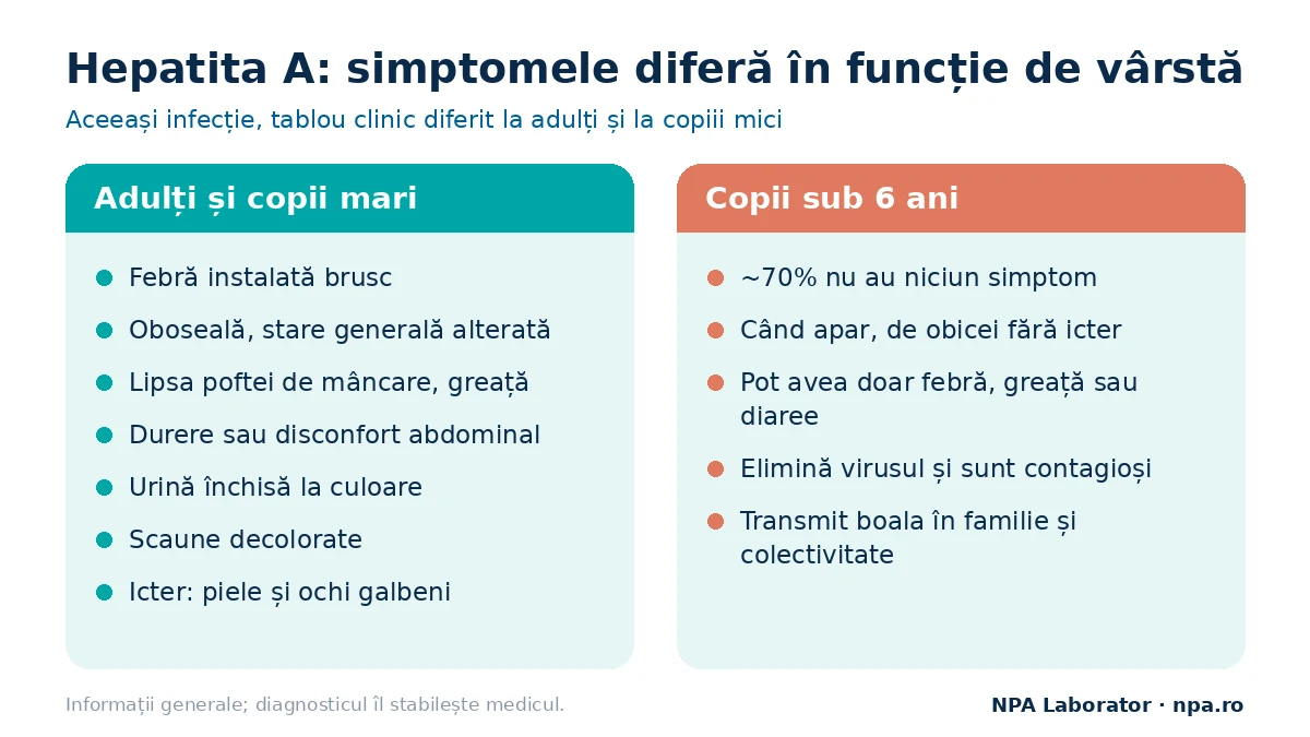 Simptome hepatita A la adulți și la copiii sub 6 ani