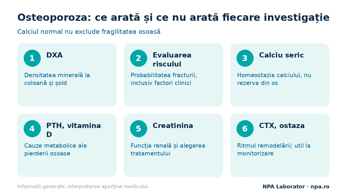 Analize osteoporoză: ce arată DXA, calciul, PTH, vitamina D, creatinina și markerii osoși